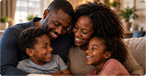 Black family smiling together in a warm living room