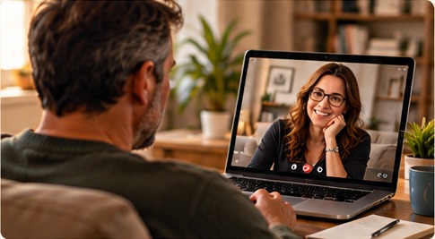 Client receiving individual therapy through a laptop video session